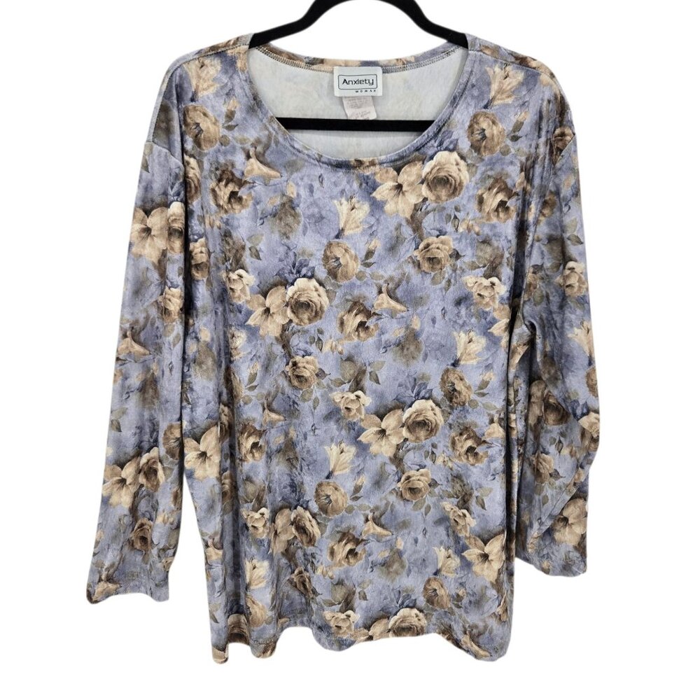 Anxiety womens size 18 20 purple velvety velour floral long sleeve top USA Made